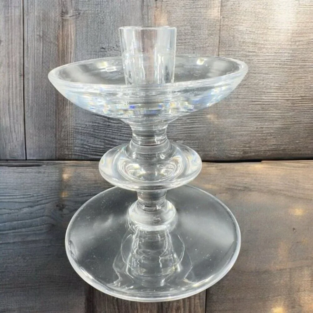 1950s‎ Val Saint Lambert Clear Glass Candlestick Holder Votive Set 2 Signed VTG